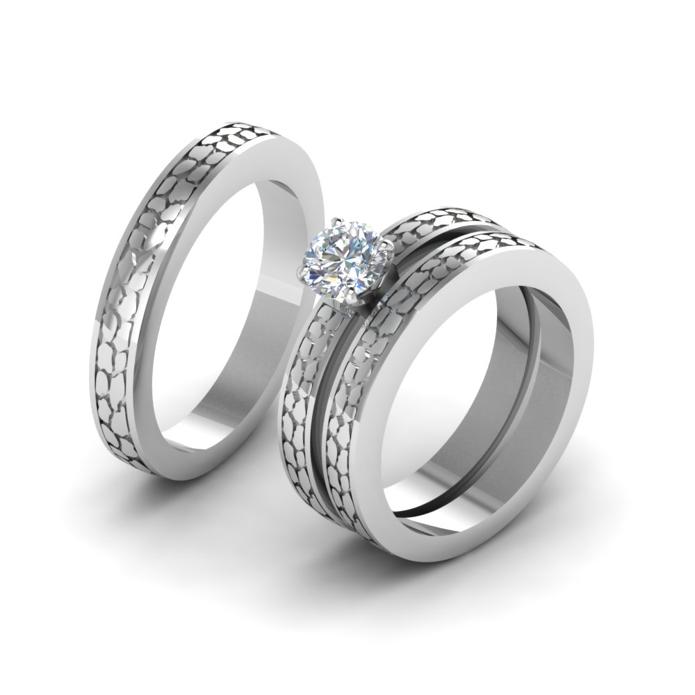 Round Cut Diamond Cheap Trio Wedding Ring Sets For Couples In 14k