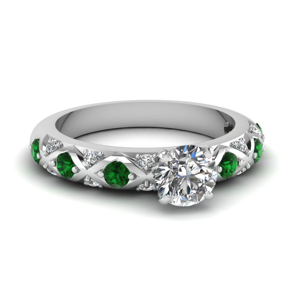 cross design round cut pave diamond engagement ring with emerald in FDENS1482RORGEMGR NL WG