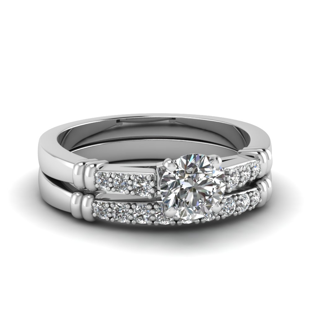 Round Shaped  Pave Bar Set Wedding Set with White Diamond 14K White Gold