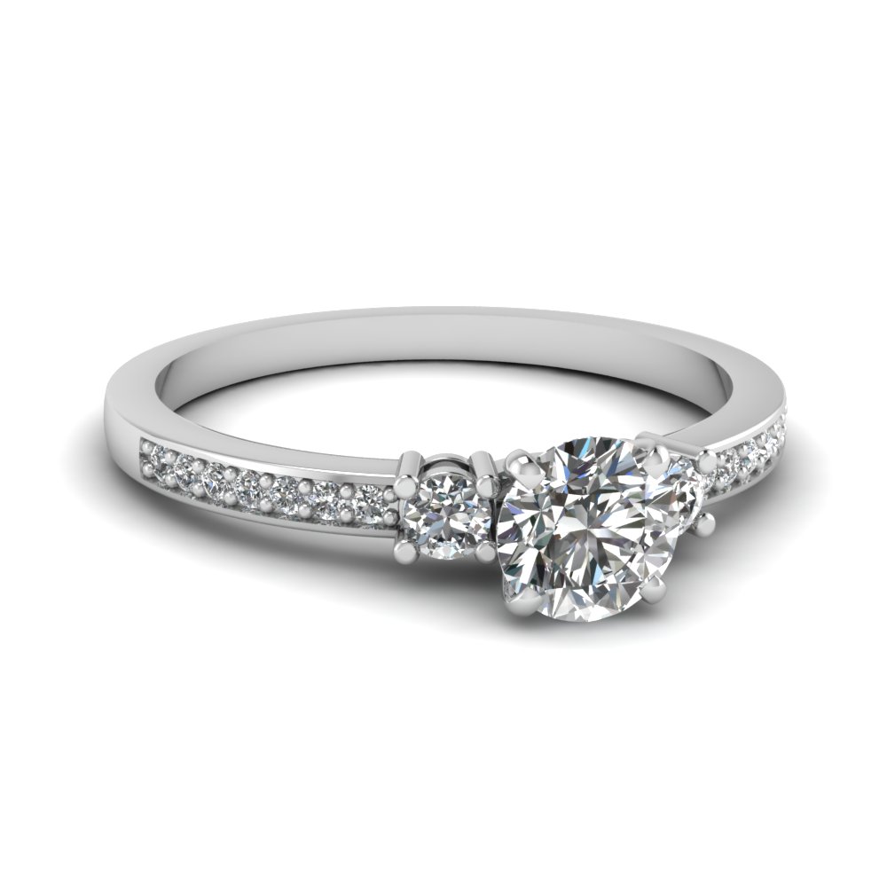 Petite Pave Trio Round Diamond Engagement Ring In 14K White Gold ...