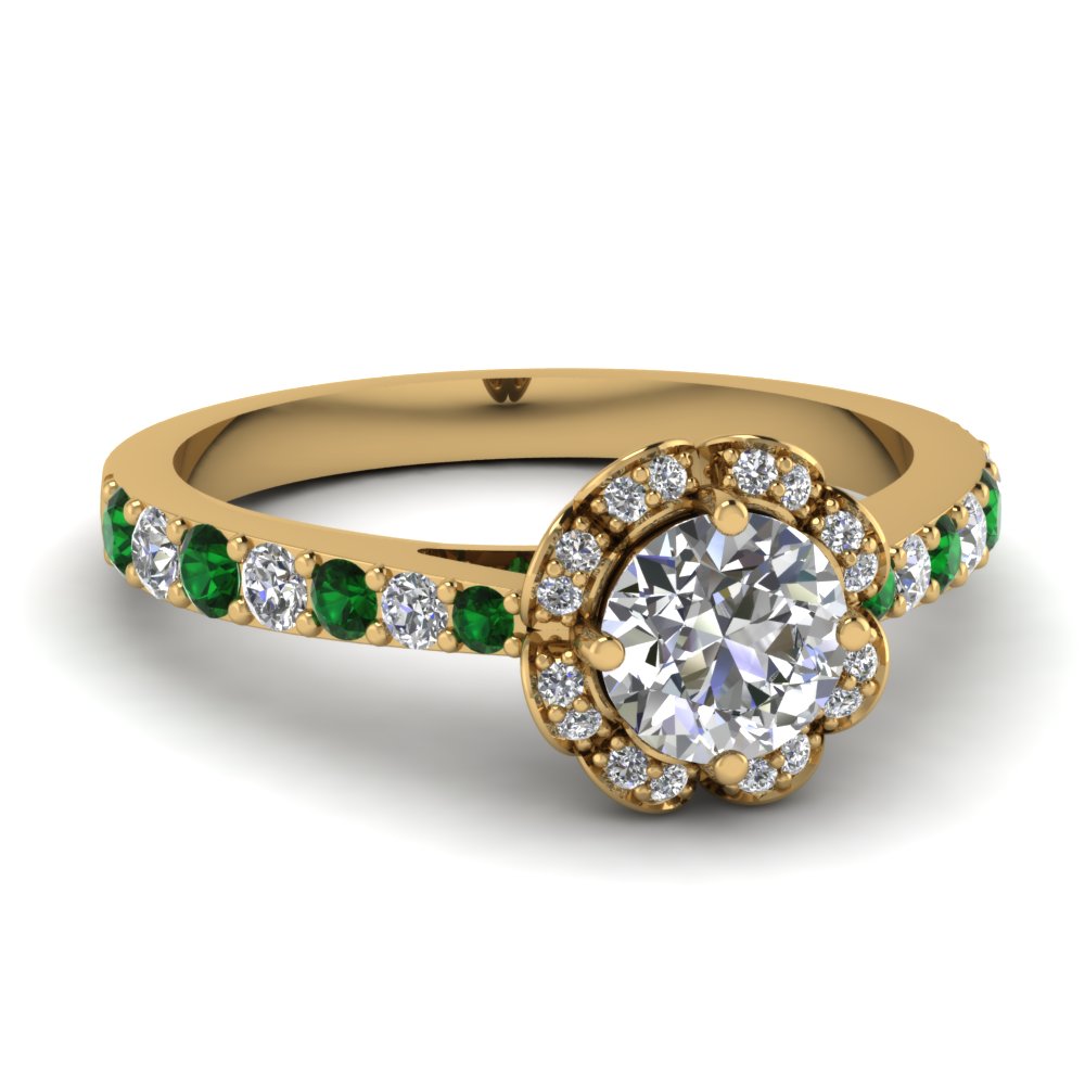 Round Cut Diamond Engagement Ring With Emerald In 18K Yellow Gold ...