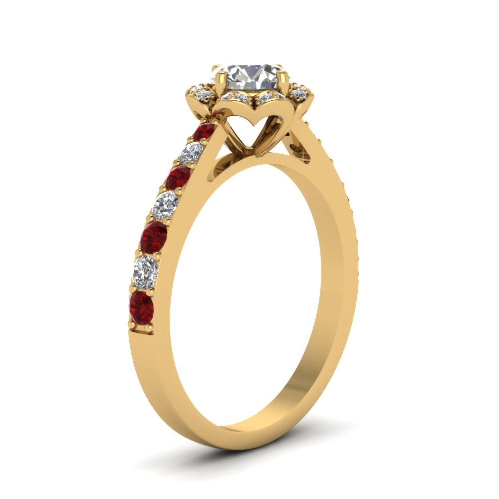 Round Cut Diamond Engagement Ring With Ruby In 18K Yellow Gold