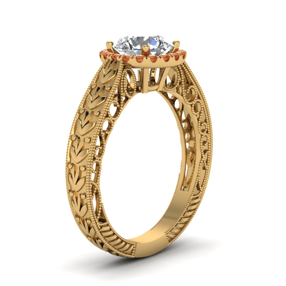 Round Cut Antique Filigree Halo Diamond Engagement Ring With Orange ...