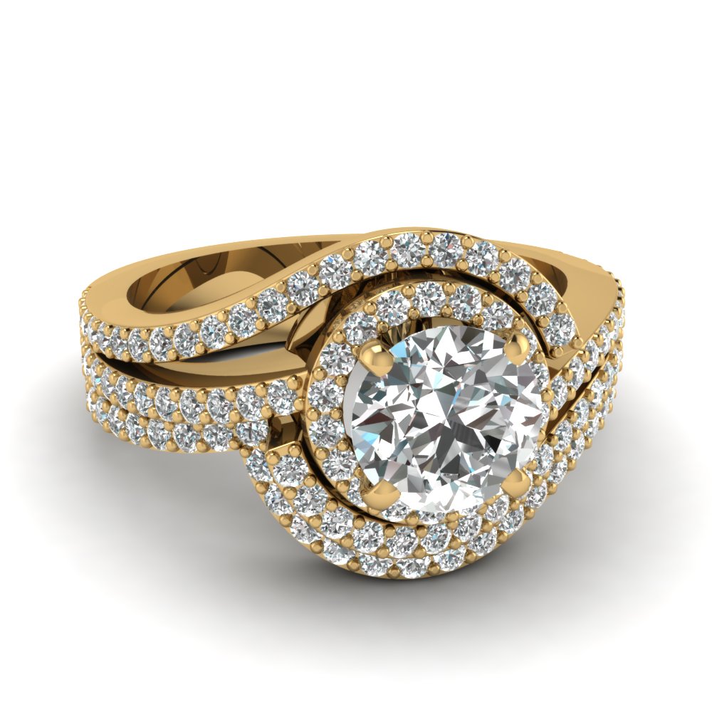 Round Cut Floral Halo Diamond Wedding Ring Set In 14K ...