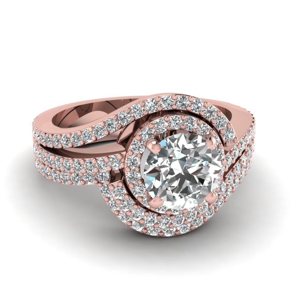 Swirl Round Diamond Halo Wedding Ring Set In 18K Rose Gold