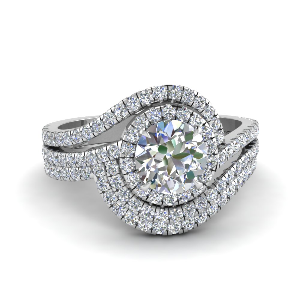 Swirl Round Diamond Halo Wedding Ring Set In 14K White
