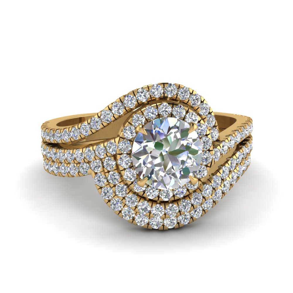 Swirl Round Diamond Halo Wedding Ring Set In 14K Yellow