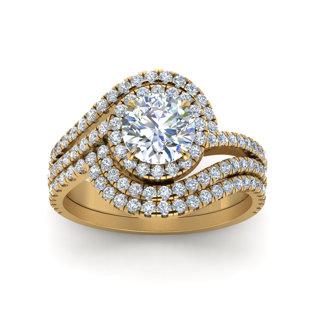 Swirl Round Diamond Halo Wedding Ring Set In 14K Yellow Gold ...