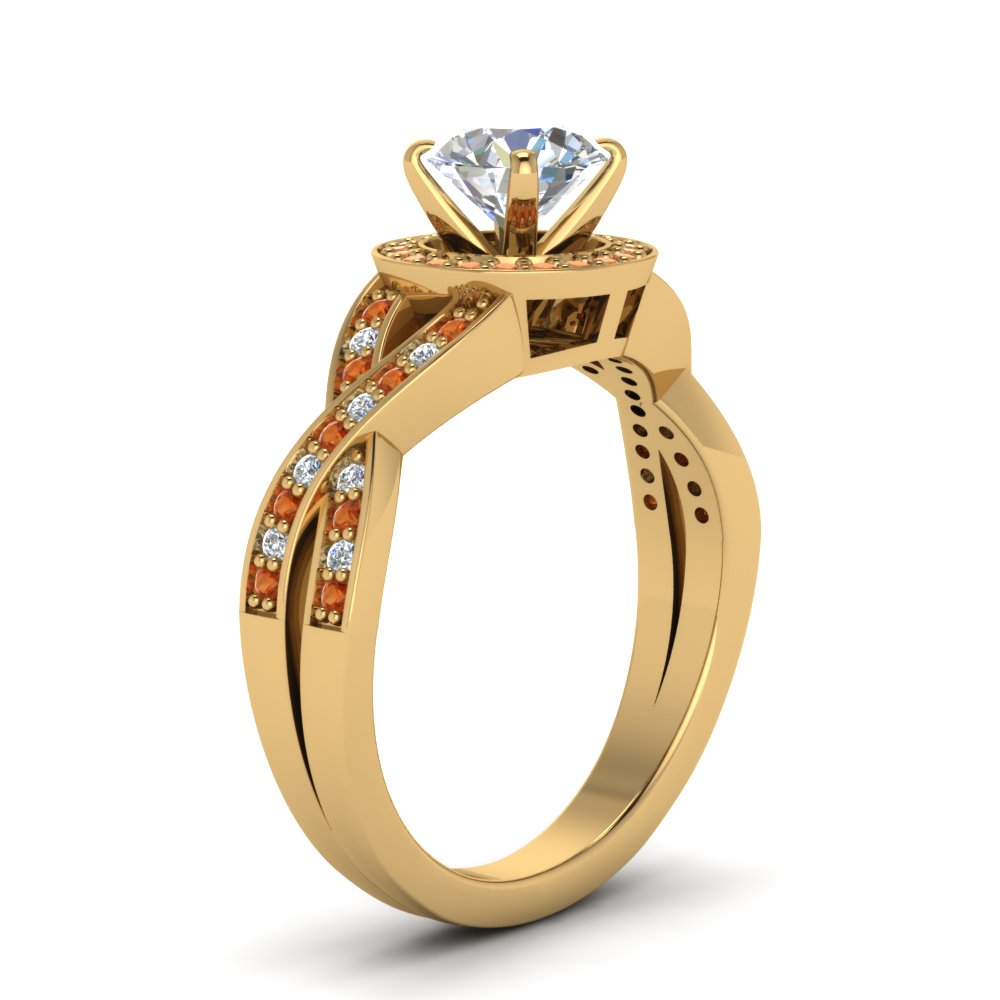 Round Cut Diamond Intertwined Shank Halo Engagement Ring With Orange Add To Cart