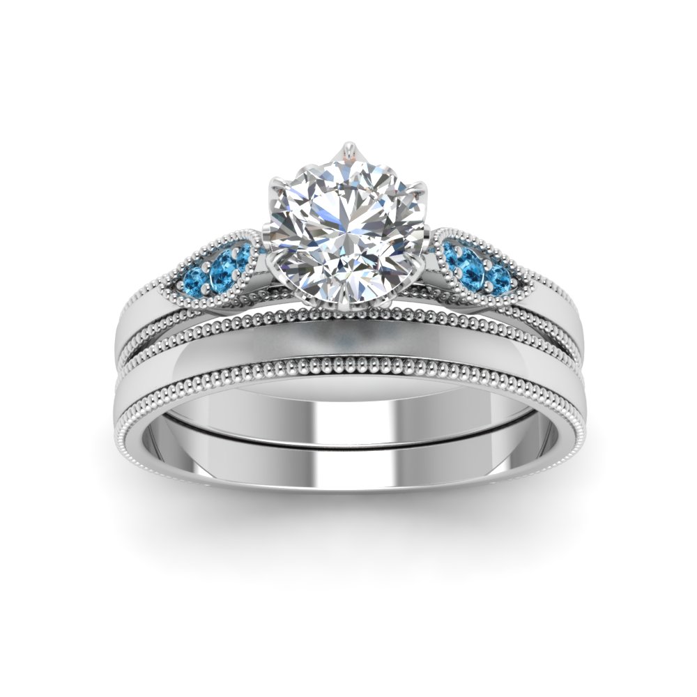 Round Cut Diamond Leaf Accent Nature Wedding Ring Set With Blue Topaz ...