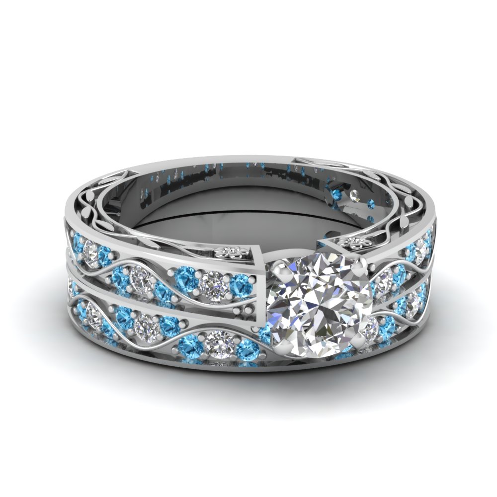 Round Cut Antique Diamond Filigree Wedding Set With Blue Topaz In 14K ...