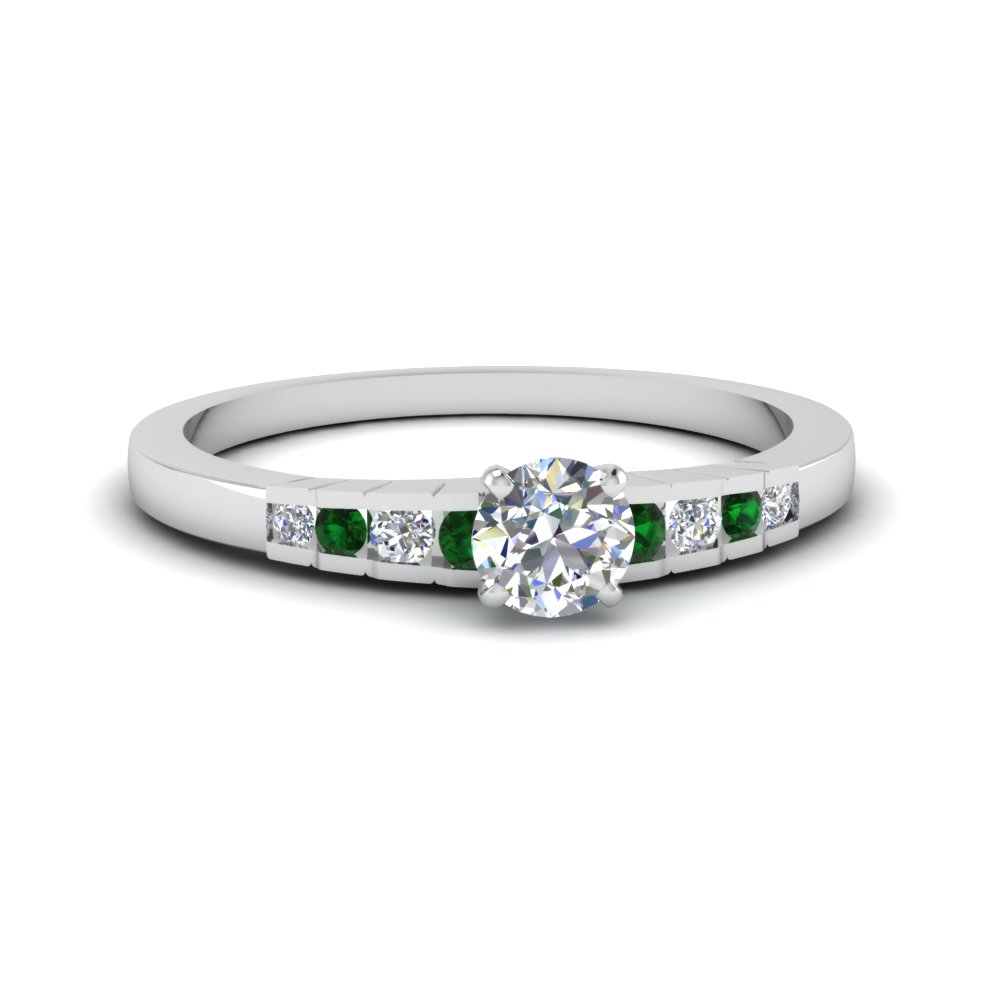 round cut diamond graduated accent engagement ring with emerald in 14K white gold FDENS3116RORGEMGR NL WG