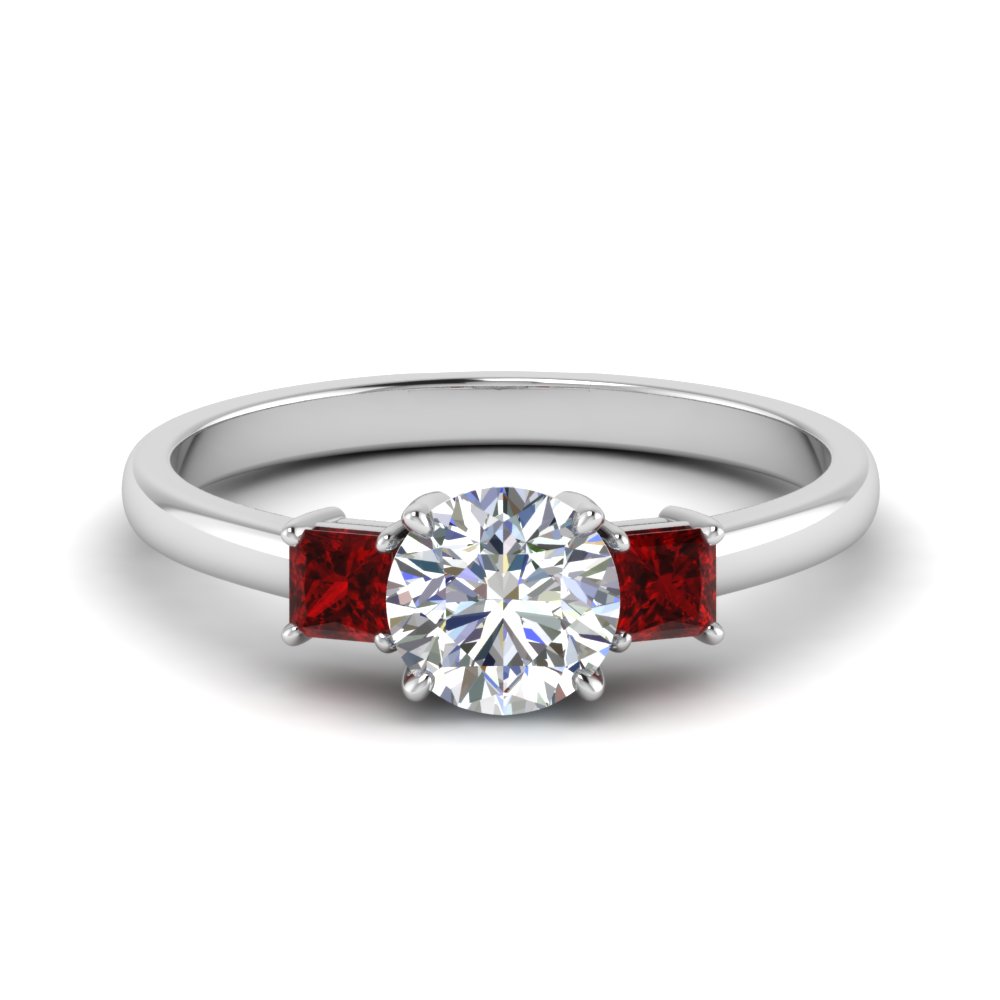 3 Stone Round Cut Engagement Ring With Ruby In 18K White Gold