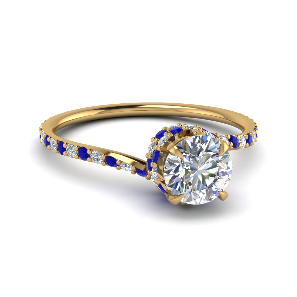 Round Cut Diamond Sleek Spiral Side Stone Engagement Ring With Blue Round Cut Diamond Sleek Spiral Side Stone Engagement Ring With Blue Shire In 18k Yellow Gold