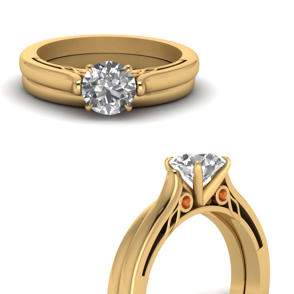 round cut diamond cathedral wedding ring set with orange sapphire in FDENS2000ROGSAORANGLE3 NL YG.jpg