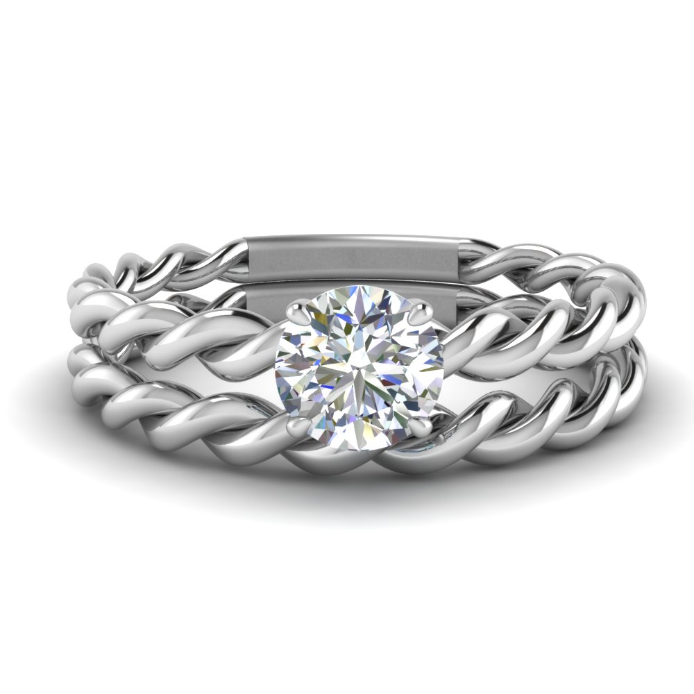 Semi Mount Shaped Round Diamond Rope Wedding Set with White Diamond 14K White Gold