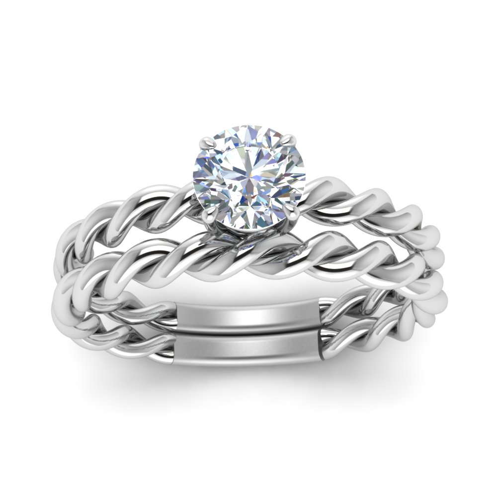 Semi Mount Shaped Round Diamond Rope Wedding Set with White Diamond 14K White Gold