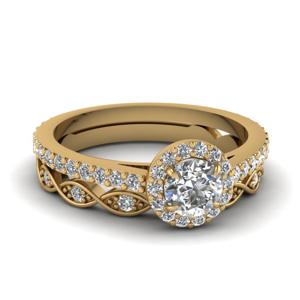 Round Cut Diamond Wedding Ring Sets In 14K Yellow Gold FD1182RO NL YG 