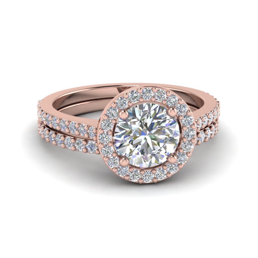 Round Cut Double Band Halo Diamond Wedding Ring Sets In 14k Rose Round Cut Double Band Halo Diamond Wedding Ring Sets In 14k Rose Gold Fd8148 Ro