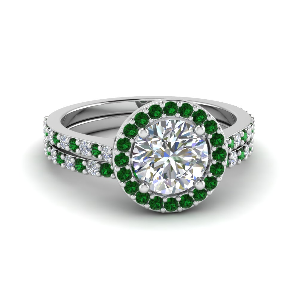 Round Cut Double Band Halo Diamond Wedding Ring Sets With Emerald In Round Cut Double Band Halo Diamond Wedding Ring Sets With Emerald In 18k White Gold Fd8148