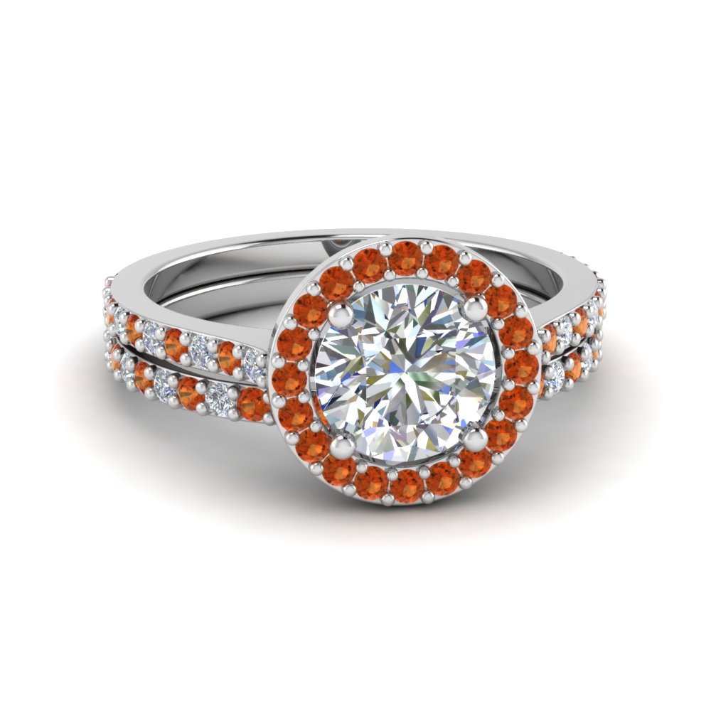 round cut double band halo diamond wedding ring sets with orange sapphire in 950 platinum fd8148 - Double Band Wedding Ring round cut double band halo diamond wedding ring sets with orange sapphire in 950 platinum fd8148 - Double Band Wedding Ring