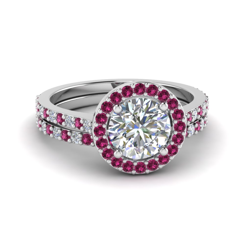 Round Cut Double Band Halo Diamond Wedding Ring Sets With Pink Round Cut Double Band Halo Diamond Wedding Ring Sets With Pink Shire In 14k White Gold