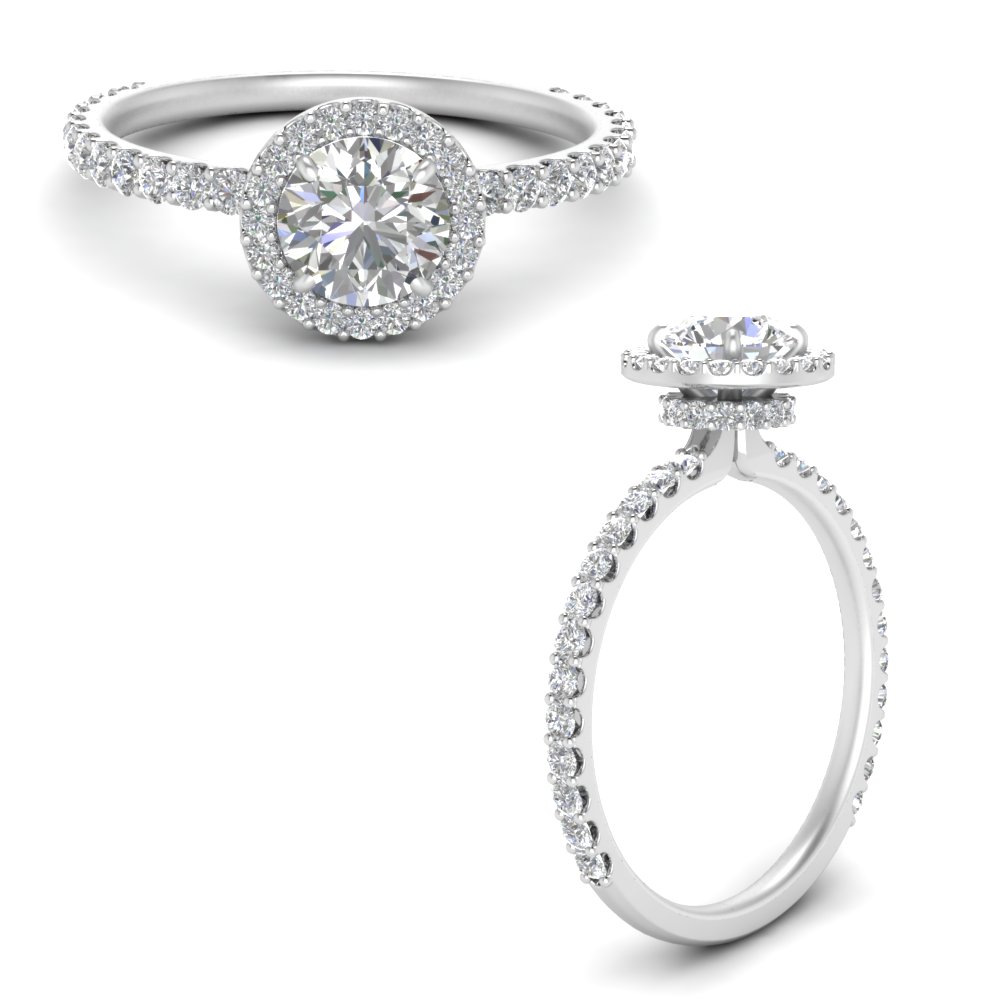 Round Cut Double Under Halo Micropave Engagement Ring In 18K White Gold ...