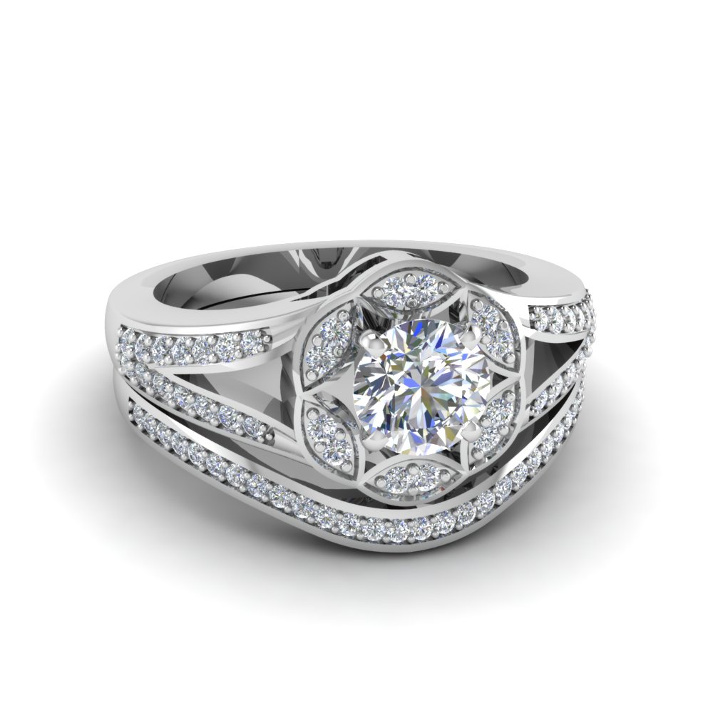 Round Cut Floral Halo Split Diamond Wedding Ring Set In ...