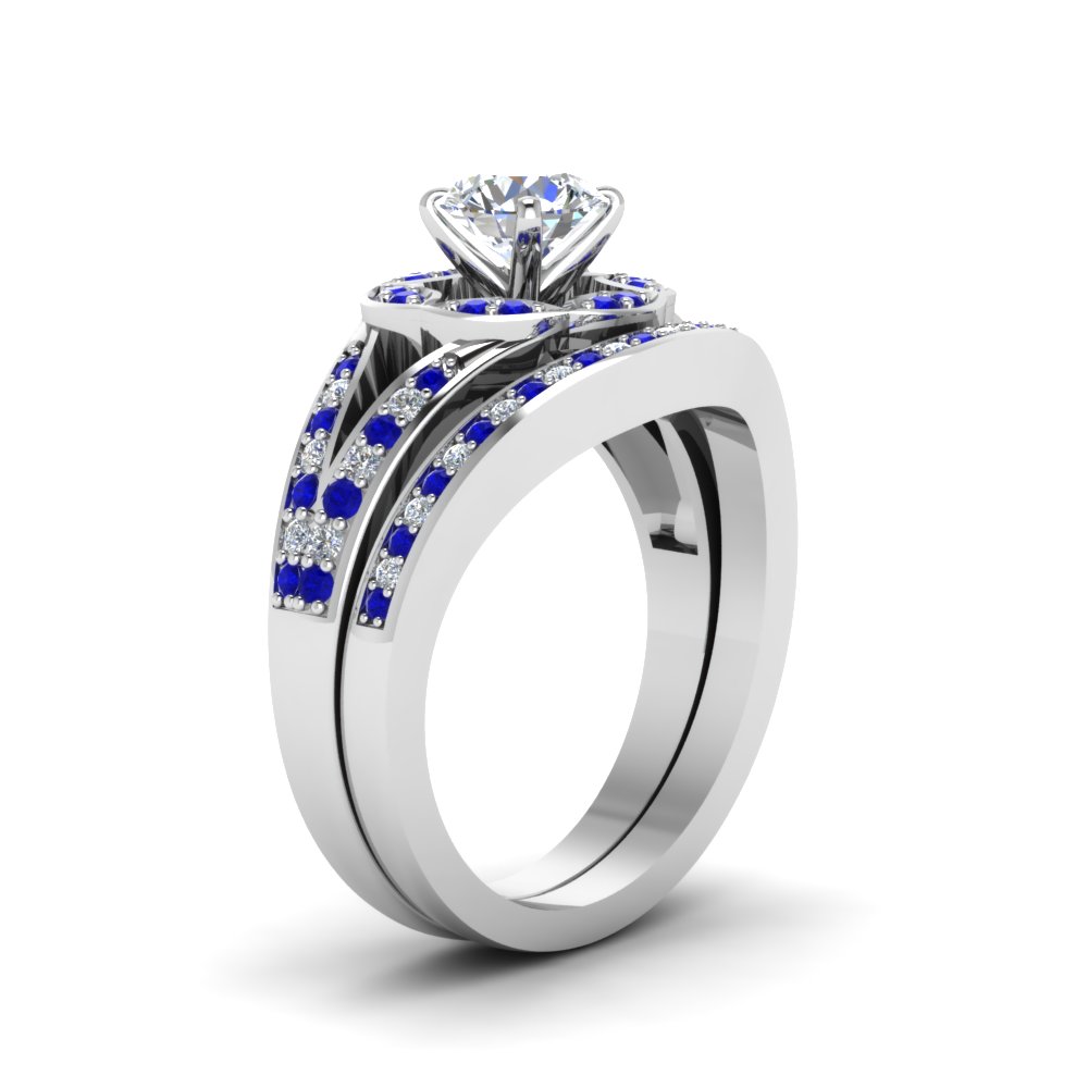 Round Cut Floral Halo Split Diamond Wedding Ring Set With Blue Sapphire ...