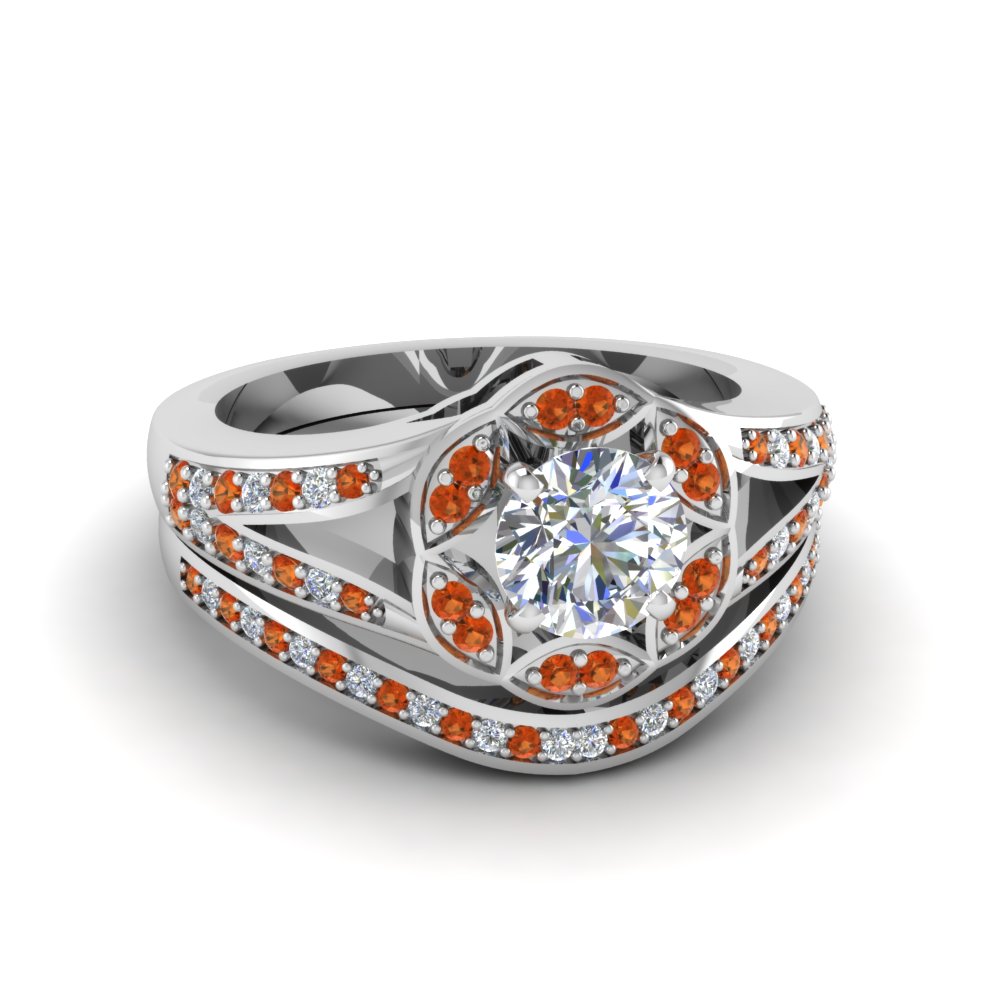Round Cut Floral Halo Split Diamond Wedding Ring Set With