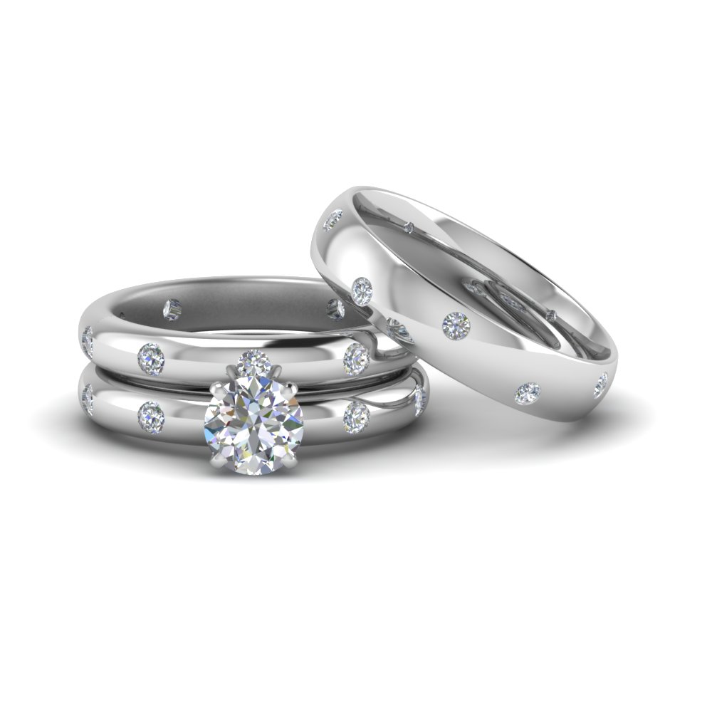 Flush Set  Trio Matching  Diamond Wedding  Rings  For Couples 