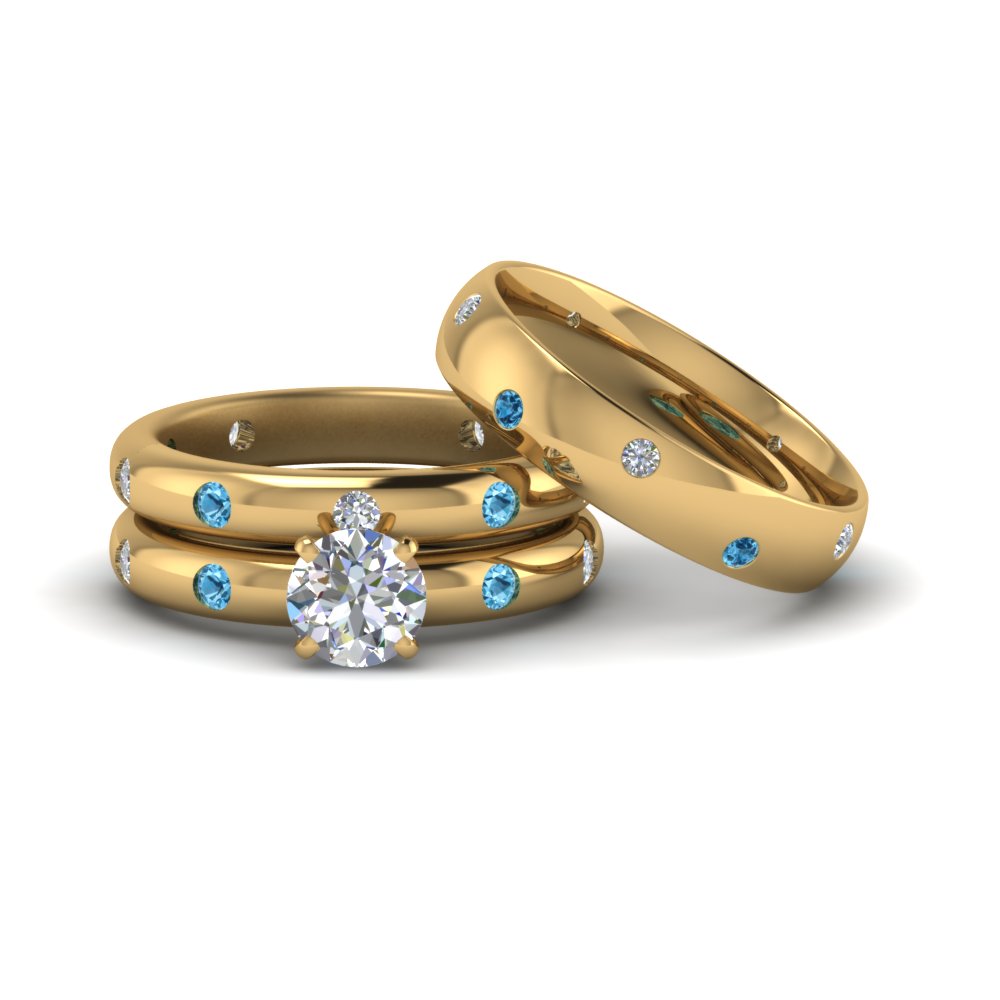 round cut flush set trio matching diamond wedding rings for couples with ice blue topaz in 14K yellow gold FD8223TROGICBLTO NL YG