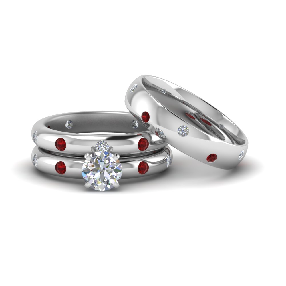 Flush Set Trio Matching Diamond Wedding Rings For Couples With Ruby In ...