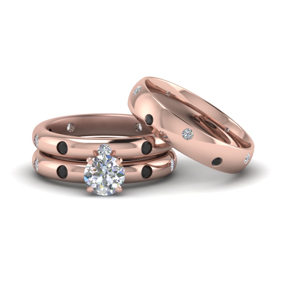 Flush Set Trio Matching Wedding Rings For Couples With Black Diamond