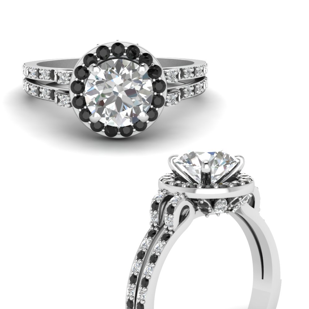 Round Cut Gallery Engagement Ring With Black Diamond Halo In 14K White ...