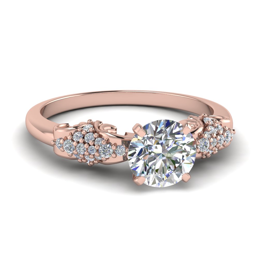 Round Cut Filigree Diamond Side Stone Engagement Ring