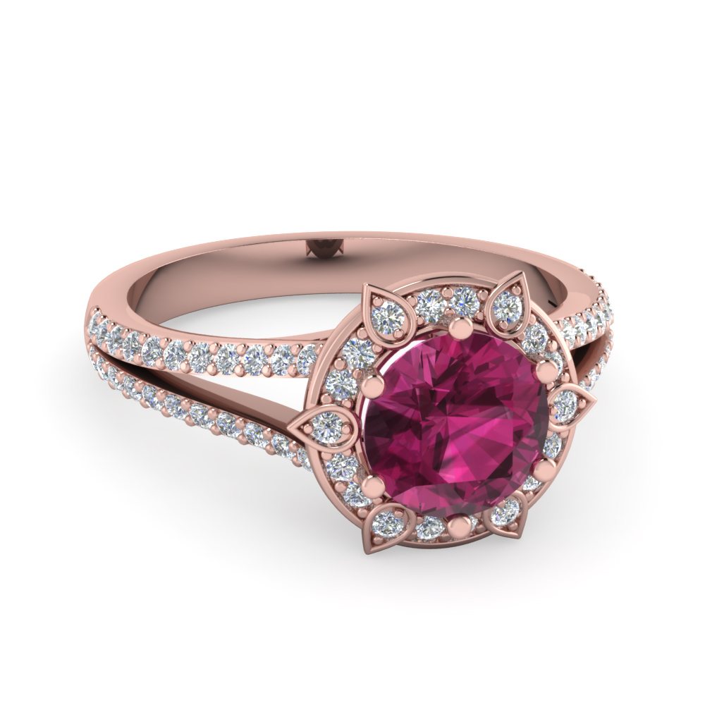 Round Cut Halo Diamond Engagement  Ring  With Pink  Sapphire 