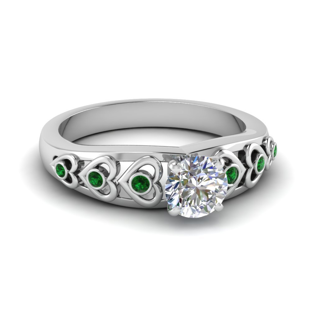Round Cut Heart Design diamond Accent Engagement Ring With Emerald