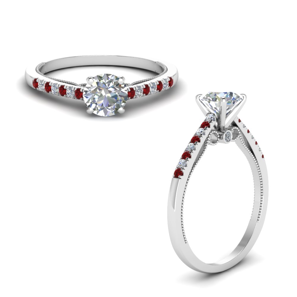 round cut high set milgrain diamond engagement ring with ruby in FDO50845RORGRUDRANGLE1 NL WG