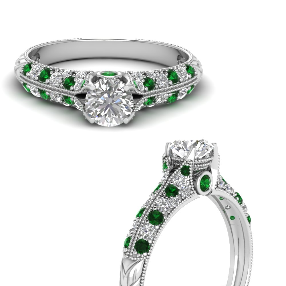 round cut high setting vintage diamond engagement ring with emerald in FDENR6253RORGEMGRANGLE3 NL WG.jpg