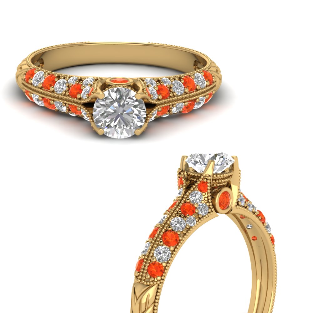 round cut high setting vintage diamond engagement ring with orange topaz in FDENR6253RORGPOTOANGLE3 NL YG.jpg