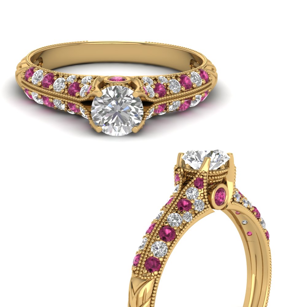 round cut high setting vintage diamond engagement ring with pink sapphire in FDENR6253RORGSADRPIANGLE3 NL YG.jpg