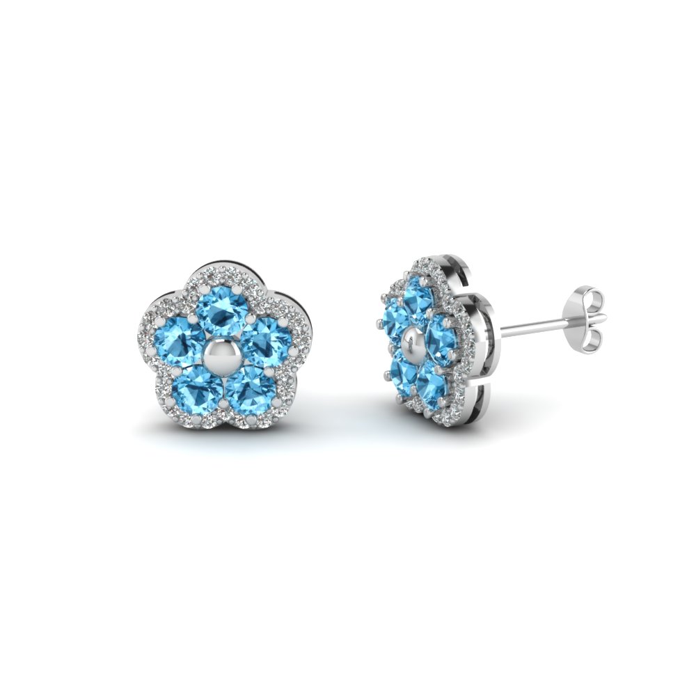 Round Cut Ice Blue Topaz Stud Earrings With White Diamond In Round Cut Ice Blue Topaz Stud Earrings With
