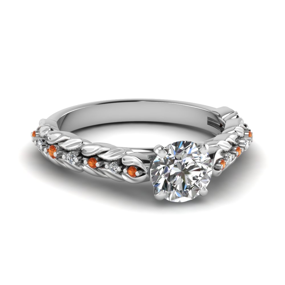 leaf design round cut diamond engagement ring with orange sapphire in FD8993RORGSAOR NL WG