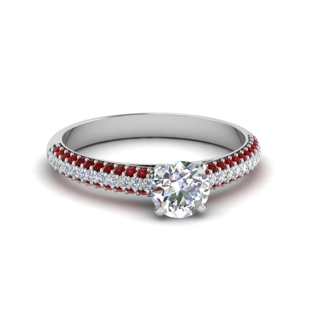 round cut micropave natural diamond engagement ring with ruby in 14K white gold FD8254RORGRUDR NL WG