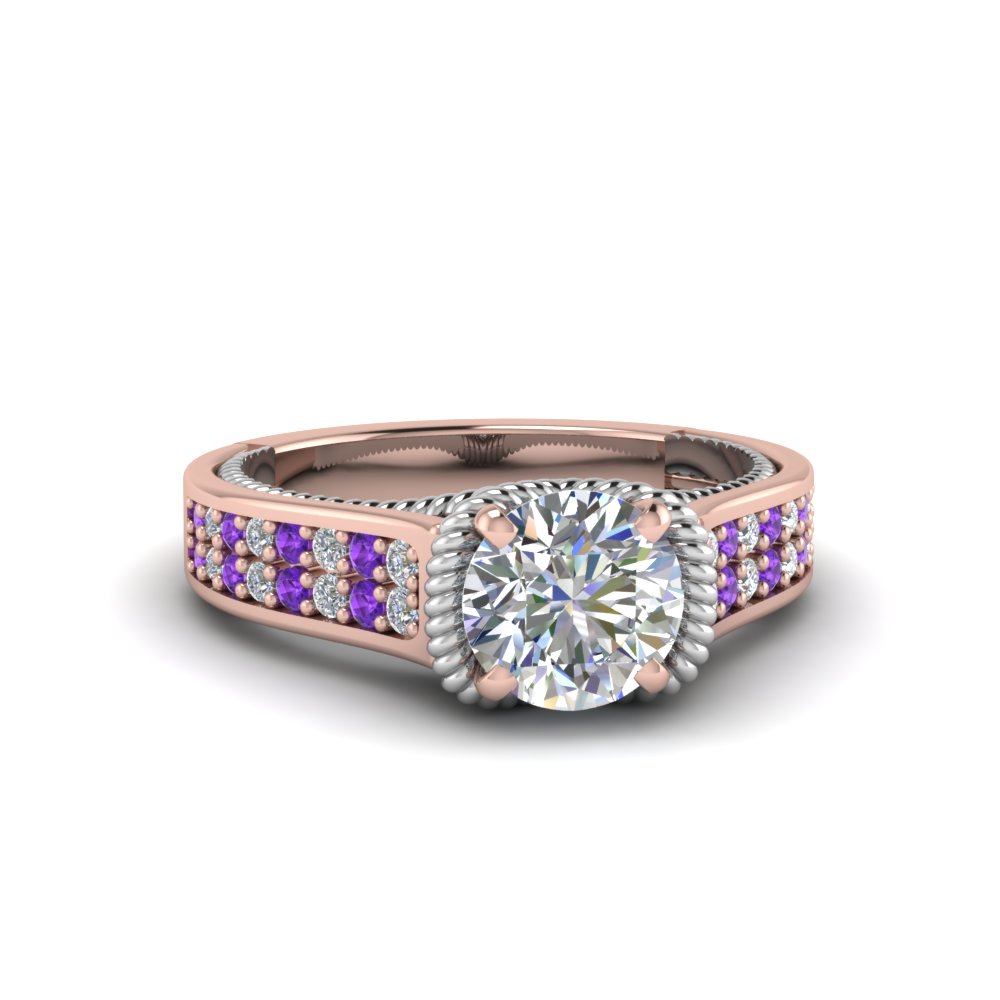 Round Shaped Multi Row 2 Tone Engagement Ring with Purple Amethyst in 14K Rose Gold
