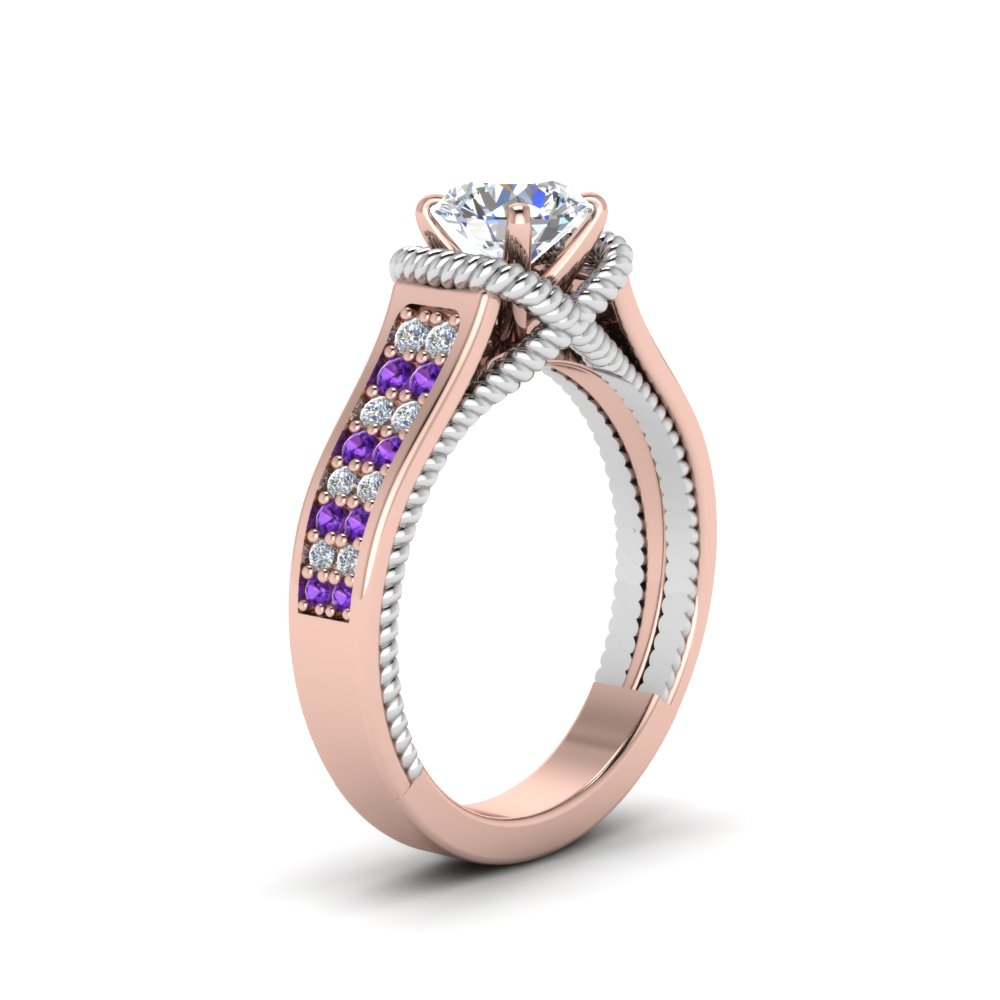 Round Shaped Multi Row 2 Tone Engagement Ring with Purple Amethyst in 14K Rose Gold