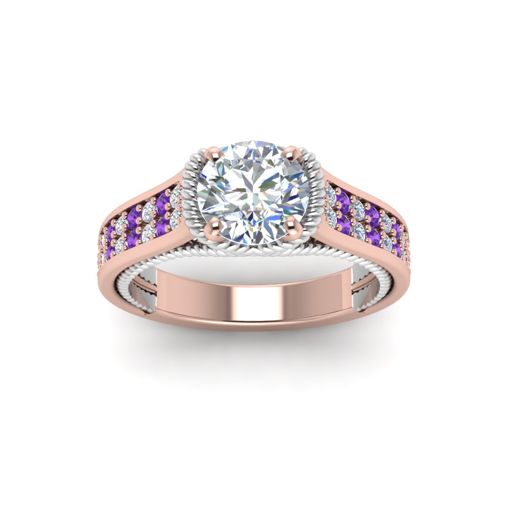 Round Shaped Multi Row 2 Tone Engagement Ring with Purple Amethyst in 14K Rose Gold