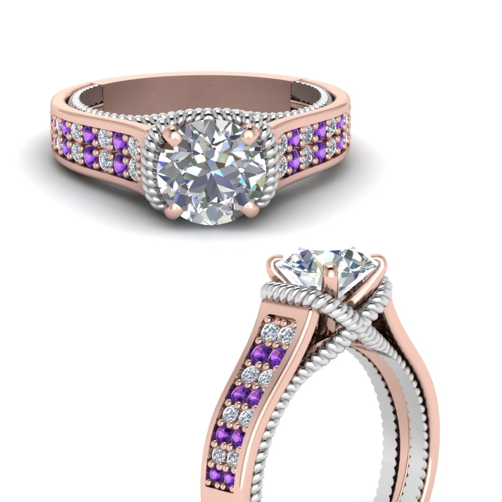 Round Shaped Multi Row 2 Tone Engagement Ring with Purple Amethyst in 14K Rose Gold