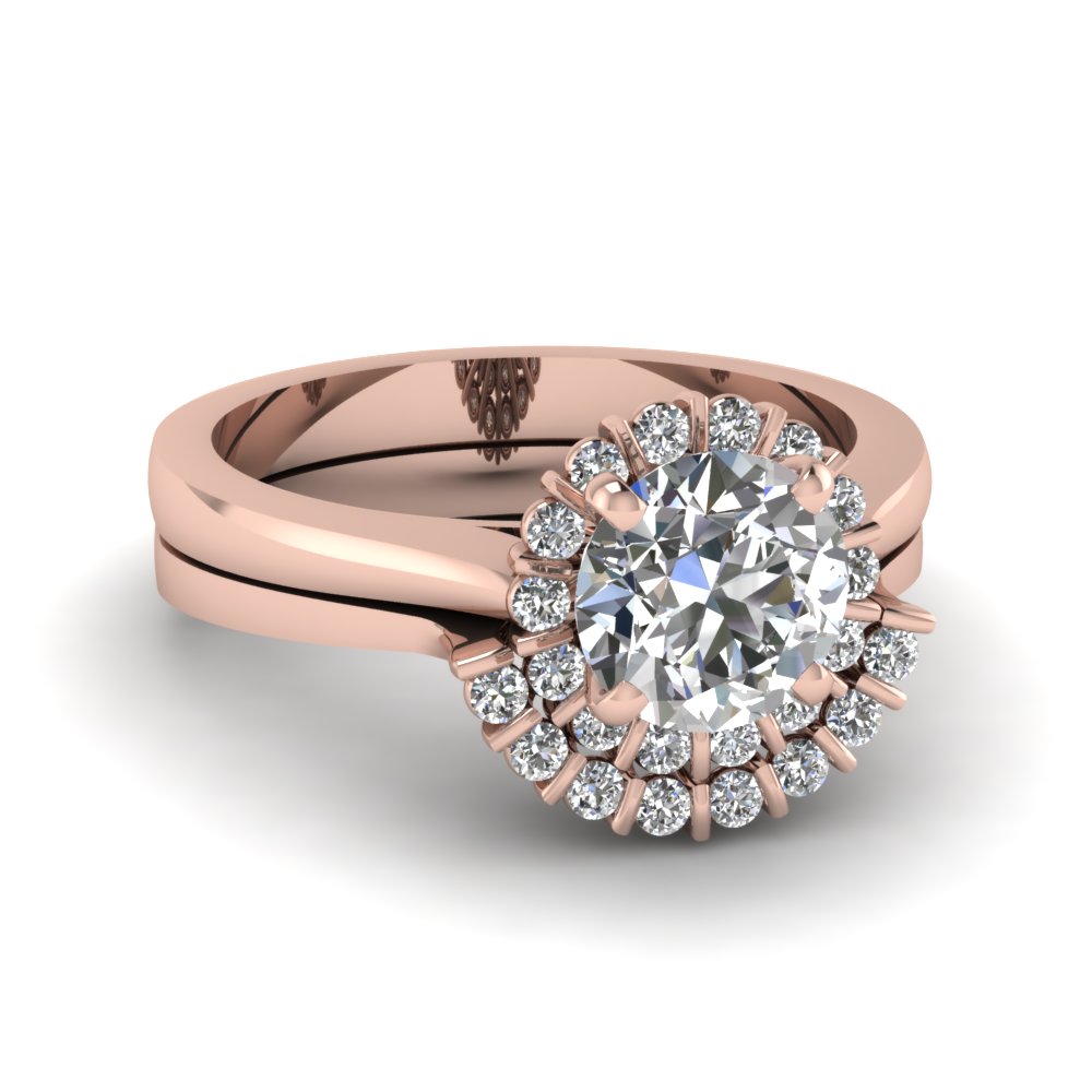 Floating Floral Halo Diamond Wedding Ring Set In 14K Rose